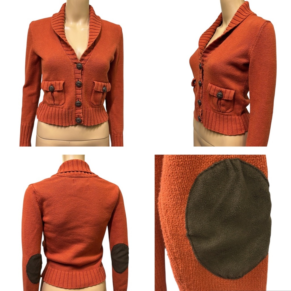 Eastside Westside Rust Knit Collared Pocket Elbow Patch Cardigan Sweater Women S